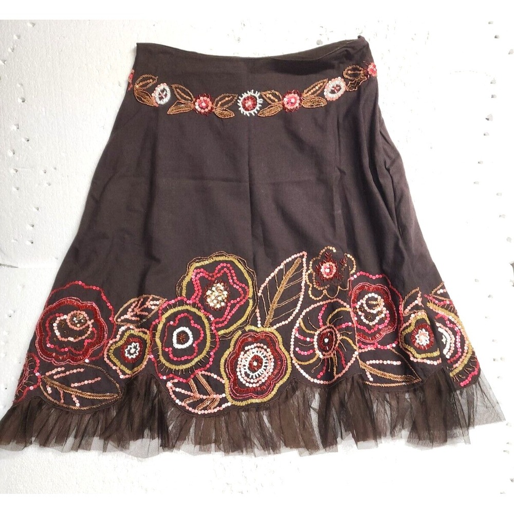 Parisian‎ Skirt Women Size 10 Brown Long Sequin Floral Side Zip Ruffled Hem